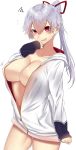  absurdres bangs blush breasts cleavage collarbone commentary_request covered_nipples eyebrows_visible_through_hair fate/grand_order fate_(series) flying_sweatdrops hair_between_eyes hair_ribbon highres hood hoodie hoodie_tug large_breasts long_hair long_sleeves looking_at_viewer naked_hoodie no_bra onineko-chan open_mouth partially_unzipped ponytail red_eyes ribbon shiny shiny_skin silver_hair solo squiggle thighs tomoe_gozen_(fate/grand_order) very_long_hair white_hoodie 