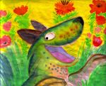  bd black_nose canine colorful dog feral flower fur garden grass green_fur mammal open_mouth plant simple_background smile solo tongue traditional_media_(artwork) watercolor_(artwork) wide_eyed yellow_background 