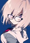  blue_background blue_eyes eyebrows_visible_through_hair fate/grand_order fate_(series) glasses hair_over_one_eye highres hood hood_down hoodie lavender_hair looking_at_viewer mash_kyrielight mochizuki_kei necktie no_nose parted_lips short_hair simple_background solo upper_body wing_collar 