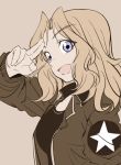  black_shirt blonde_hair blue_eyes brown_background brown_jacket commentary_request emblem eyebrows_visible_through_hair flat_color girls_und_panzer hair_intakes jacket kay_(girls_und_panzer) long_hair looking_at_viewer md5_mismatch military military_uniform mituki_(mitukiiro) open_mouth salute saunders_military_uniform shirt simple_background smile solo star two-finger_salute uniform upper_body 