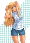  aqua_eyes aqua_nails aran_sweater arm_behind_head bad_id bad_pixiv_id blonde_hair blush chiro commentary_request cowboy_shot earrings eyebrows_visible_through_hair jewelry long_hair nail_polish original revision ribbed_sweater short_shorts shorts simple_background sleeveless sleeveless_turtleneck smile solo sweater tan turtleneck white_sweater 