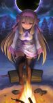  ainu_clothes bangs black_legwear blonde_hair bow fate/grand_order fate_(series) fingerless_gloves fire fire_pit gloves gold hair_ribbon hairband highres illyasviel_von_einzbern log long_hair looking_at_viewer mountain night outdoors pantyhose purple_bow purple_gloves purple_hairband purple_robe removing_legwear ribbon robe rock seductive_smile sitonai smile snow solo stick sword thanabis thighhighs twintails undressing weapon 