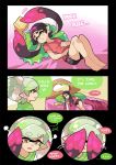  ... 2girls =3 aori_(splatoon) barefoot bed bed_sheet black_hair black_shorts book brown_eyes closed_eyes commentary cousins covering_eyes domino_mask earrings english english_commentary eyebrows_visible_through_hair green_hair green_shirt grey_hair holding holding_book hotaru_(splatoon) jewelry long_hair looking_at_another lying mask mole mole_under_eye motion_lines multicolored_hair multiple_girls on_back on_bed open_mouth pillow pointy_ears purple_hair reading red_shirt shirt short_hair short_sleeves shorts single_vertical_stripe splatoon_(series) spoken_ellipsis standing tentacle_hair two-tone_hair wong_ying_chee 
