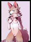  2018 5_fingers anthro anthrofied blue_eyes breasts brown_fur canine female fluffy fluffy_tail front_view fur hand_on_breast looking_at_viewer lycanroc mammal midday_lycanroc navel nintendo nipples nostars notched_ear pok&eacute;mon pok&eacute;mon_(species) pussy simple_background solo standing video_games white_fur 