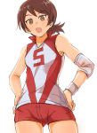  :o ass_visible_through_thighs bangs breasts brown_eyes brown_hair cowboy_shot elbow_pads eyebrows_visible_through_hair girls_und_panzer hands_on_hips kawanishi_shinobu looking_at_viewer mituki_(mitukiiro) open_mouth red_shirt red_shorts shirt short_hair short_ponytail short_shorts shorts simple_background sleeveless sleeveless_shirt small_breasts solo sportswear standing swept_bangs volleyball_uniform white_background white_pupils wristband 