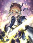  ahoge armor armored_dress artoria_pendragon_(all) bangs blonde_hair blood blood_on_face blue_ribbon commentary_request excalibur facing_viewer fate/grand_order fate/stay_night fate_(series) fighting_stance gauntlets glowing glowing_sword glowing_weapon green_eyes hair_between_eyes hair_bun hair_ribbon highres holding holding_sword holding_weapon open_mouth ribbon saber solo sword weapon yu-hi 