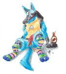  2018 anthro balls blue_fur blush candy chocolate chocolate_sauce clothed clothing food fur invalid_tag legwear looking_at_viewer lucario male mammal nintendo penis pok&eacute;mon pok&eacute;mon_(species) simple_background solo stockings thebarabandit traditional_media_(artwork) video_games 