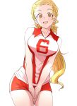  :d blonde_hair breasts brown_eyes cowboy_shot girls_und_panzer hair_pulled_back large_breasts leaning_forward leaning_to_the_side long_hair looking_at_viewer mituki_(mitukiiro) open_mouth ponytail red_shirt red_shorts sasaki_akebi shirt short_shorts shorts simple_background sleeveless sleeveless_shirt smile solo sportswear standing v_arms volleyball_uniform white_background white_pupils 