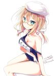  beret blonde_hair blue_eyes blue_swimsuit breast_hold breasts commentary_request eyebrows_visible_through_hair glasses hair_between_eyes hat highres hizaka i-8_(kantai_collection) kantai_collection large_breasts long_hair looking_at_viewer low_twintails name_tag one-piece_swimsuit red-framed_eyewear school_swimsuit semi-rimless_eyewear simple_background sitting solo swimsuit twintails twitter_username white_background 