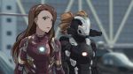  aircraft alternate_costume blurry blurry_background brown_eyes brown_hair captain_america_civil_war cosplay crossover day drill_hair glowing gun hairband helicopter idolmaster iron_man iron_man_(cosplay) long_hair marvel minase_iori multiple_girls open_mouth outdoors parody power_armor shiny shiny_hair standing takatsuki_yayoi taku1122 tied_hair twin_drills twintails upper_body war_machine war_machine_(cosplay) weapon yellow_hairband 