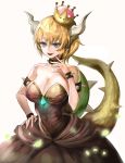  absurdres bangs bare_shoulders black_dress blonde_hair blue_eyes bowsette bracelet breasts cleavage collar cowboy_shot crown dress eyebrows_visible_through_hair fangs finger_to_mouth fingernails glowing_jewelry glowing_petals hair_between_eyes hand_on_hip hand_up haribo_kanten highres horns jewelry large_breasts mario_(series) new_super_mario_bros._u_deluxe open_mouth petals ponytail shiny shiny_hair short_hair sidelocks simple_background smile solo spiked_bracelet spiked_collar spiked_shell spiked_tail spikes strapless strapless_dress super_crown tail waist_cape white_background 