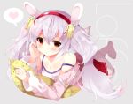  animal_ears azur_lane bangs bare_shoulders blush breasts bunny_ears camisole character_name cleavage collarbone commentary_request eyebrows_visible_through_hair full_body fuuna_thise grey_background hair_between_eyes hair_ornament hairband heart jacket laffey_(azur_lane) long_hair long_sleeves looking_at_viewer lying no_shoes off_shoulder on_stomach open_clothes open_jacket parted_lips pillow pink_jacket pleated_skirt red_eyes red_hairband red_skirt silver_hair skirt small_breasts solo spoken_heart strap_slip thighhighs twintails very_long_hair white_camisole white_legwear 