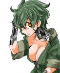  1girl android breasts brown_eyes cleavage female green_hair looking_at_viewer medium_breasts messy_hair null_(null_man) open_clothes original parts_exposed short_hair simple_background solo upper_body wavy_mouth white_background 