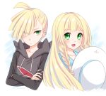  1girl blonde_hair braid brother_and_sister closed_mouth crossed_arms gladio_(pokemon) green_eyes hair_over_one_eye hat hat_removed headwear_removed holding holding_hat hood hood_down hoodie lillie_(pokemon) long_hair long_sleeves open_mouth pokemon pokemon_(game) pokemon_sm short_hair siblings stardrop sun_hat torn_clothes torn_sleeves twin_braids twitter_username white_hat 