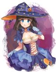  :q asahina_kokomi bangs battle_girl_high_school blue_bow blue_dress blue_gloves blue_hat blush bow breasts cleavage closed_mouth collarbone commentary_request dress eyebrows_visible_through_hair gloves hair_bow halloween halloween_costume hand_up hat head_tilt highres jack-o'-lantern kiyosato0928 long_hair looking_at_viewer medium_breasts print_hat puffy_short_sleeves puffy_sleeves short_sleeves skirt_hold smile solo star star_print tongue tongue_out witch_hat 