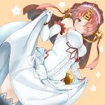 breasts brown_eyes commentary_request dress elbow_gloves fate/apocrypha fate/grand_order fate_(series) frankenstein's_monster_(fate) gloves hair_over_eyes hair_over_one_eye headgear highres horn looking_at_viewer nyoon pink_hair short_hair solo veil wedding_dress white_dress white_gloves 