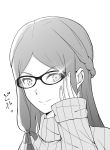  1girl bad_id bad_twitter_id blush fan_la_norne glasses greyscale highres long_hair looking_at_viewer mebi_il monochrome simple_background smile solo sweater xenoblade_chronicles_(series) xenoblade_chronicles_2 xenoblade_chronicles_2:_torna_-_the_golden_country 