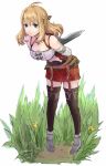  blonde_hair breasts field fiorun full_body green_eyes long_hair looking_at_viewer robaco simple_background smile solo standing sword weapon xenoblade_(series) xenoblade_1 