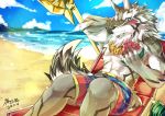  2018 a82102111 anthro biceps canine claws clothed clothing digital_media_(artwork) fur hi_res male mammal muscular pecs piercing seth_(tas) swimsuit tokyo_afterschool_summoners topless 