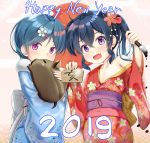  2019 2girls :d animal bare_shoulders blue_hair blue_kimono blush boar calligraphy_brush chinese_zodiac collarbone commentary_request covering_mouth egasumi ema fang floral_print flower fur_collar hair_flower hair_ornament hairclip happy_new_year holding holding_paintbrush japanese_clothes kimono long_sleeves migumi_(niiya) minami_(niiya) multiple_girls new_year niiya obi off_shoulder open_mouth original paintbrush print_kimono purple_eyes red_kimono sash smile twintails white_flower wide_sleeves year_of_the_pig 