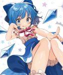  1girl :q absurdres adapted_costume akanbe bare_arms bare_legs bloomers blue_bow blue_eyes blue_hair blue_skirt blue_wings bow cirno closed_mouth commentary_request dress_shirt hair_bow high-waist_skirt highres ice ice_wings knees_together_feet_apart looking_at_viewer neck_ribbon red_ribbon ribbon shigure_ui shirt short_hair short_sleeves simple_background skirt sleeveless sleeveless_shirt smile solo sparkle star starry_background tongue tongue_out touhou underwear v-shaped_eyebrows white_background white_shirt wing_collar wings 