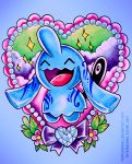  :d ^_^ blue blue_background closed_eyes cloud colored_pencil_(medium) commentary creature creatures_(company) english_commentary eyes_closed flower full_body game_freak gen_3_pokemon heart nintendo no_humans open_mouth pokemon pokemon_(creature) retkikosmos smile solo sparkle traditional_media watercolor_(medium) watermark web_address wynaut 