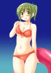  bikini blue_background blush breasts cleavage collarbone cowboy_shot frilled_bikini frills gradient gradient_background green_eyes green_hair groin hidamari_sketch highres innertube looking_at_viewer mami_(hidamari_sketch) medium_breasts navel ponytail red_bikini short_hair short_ponytail solo standing swimsuit utomo wet 