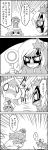  4koma aki_shizuha anger_vein arms_up bow chasing cirno comic commentary_request emphasis_lines fleeing greyscale hair_bow hair_ornament hat highres ice ice_wings leaf_hair_ornament letty_whiterock long_sleeves luchador_mask mask monochrome on_head person_on_head scarf smile speed_lines standing_on_person tani_takeshi touhou translation_request wide_sleeves wings yukkuri_shiteitte_ne zoom_layer 