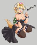  1girl bare_shoulders bishop_(artist) black_dress blonde_hair blue_eyes blush bowsette bracelet breasts cleavage collar crown dress earrings fangs horns jewelry large_breasts legs long_hair looking_at_viewer mario_(series) nail_polish new_super_mario_bros._u_deluxe nintendo open_mouth pointy_ears ponytail sharp_teeth sitting solo spiked_bracelet spiked_collar spikes super_crown super_mario_bros. teeth thighhighs 