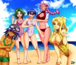  5girls animal_print bikini blonde_hair blue_eyes breasts cleavage cuiling_(toushinden) ellis_(toushinden) glasses huge_breasts jadenkaiba large_breasts leopard_print long_hair multiple_girls ronron_(toushinden) sofia_(toushinden) swimsuit toushinden tracy_(toushinden) wink 