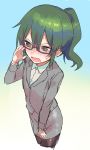  absurdres blush collared_shirt commentary_request formal glasses glasses_day green_eyes green_hair hand_on_eyewear highres igarashi_futaba_(shiromanta) jacket medium_hair office_lady pantyhose ponytail semi-rimless_eyewear senpai_ga_uzai_kouhai_no_hanashi shirt sinomi skirt_suit suit 