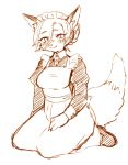  anthro blush canine clothed clothing dress female fox fox&#039;s_sister_(kinokoningen) fur hair hair_over_eye hand_on_leg kemono kinokoningen kneeling looking_at_viewer maid_uniform mammal monochrome signature simple_background sketch smile solo uniform white_background 