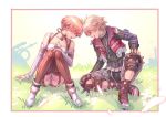  1girl blonde_hair blush breasts closed_eyes couple field fiorun garter_straps goo_goo789 grass happy hetero highres jacket open_mouth red_jacket short_hair shorts shulk sitting skirt smile thighhighs xenoblade_(series) xenoblade_1 xenoblade_2 