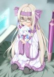  absurdres ainu_clothes animal bangs bed bed_sheet blonde_hair borumete bow creature familiar fate/grand_order fate_(series) fingerless_gloves fou_(fate/grand_order) glasses gloves hair_bow hair_ribbon hairband highres illyasviel_von_einzbern long_hair looking_at_viewer purple_gloves red_eyes ribbon scarf screen sheath sheathed sitonai smile sword touchscreen twintails weapon 