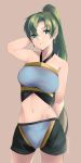 absurdres arm_behind_head breasts commentary earrings fire_emblem fire_emblem:_rekka_no_ken fire_emblem_musou green_eyes green_hair highres jewelry long_hair lyndis_(fire_emblem) medium_breasts midriff navel parted_lips ponytail simple_background skeptycally solo twitter_username underwear 