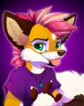 2018 5_fingers anthro black_nose canine clothed clothing digital_media_(artwork) fox green_eyes hair jewelry looking_at_viewer magenta7 mammal necklace pink_hair pink_tongue smile solo tongue 