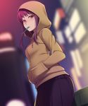  blurry blush candy depth_of_field dutch_angle eyebrows_visible_through_hair food from_side hands_in_pockets high_score_girl honda_naoki hood hoodie lollipop long_hair looking_at_viewer mouth_hold night oono_akira outdoors parted_lips pleated_skirt purple_hair red_eyes skirt solo standing yellow_hoodie 