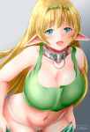  blonde_hair blue_eyes breasts cleavage collar commentary_request crop_top elf green_skirt green_tank_top hairband highres isekai_maou_to_shoukan_shoujo_dorei_majutsu large_breasts leaning_forward long_hair lowleg lowleg_panties navel oniilus open_mouth panties pointy_ears shera_l_greenwood skirt skirt_pull smile solo tank_top underwear undressing upper_body white_panties 