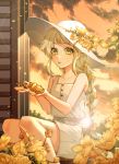  alternate_hairstyle bang_dream! bangs blonde_hair braid buttons collarbone dusk eyebrows_visible_through_hair flower hair_flower hair_ornament hat hat_flower holding holding_flower kjkj_(dirnrhd80) long_hair looking_at_viewer parted_lips shirt shirt_tucked_in shorts single_braid sitting sleeveless sleeveless_shirt solo sun_hat tsurumaki_kokoro water_drop white_hat yellow_eyes yellow_flower 