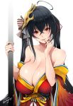  ahoge azur_lane bangs bare_shoulders black_hair blush breasts cleavage collarbone commentary_request crossed_bangs dated eyebrows_visible_through_hair eyes_visible_through_hair feathers finger_to_mouth hair_between_eyes hair_ornament hair_ribbon hand_on_own_face head_tilt highres huge_breasts japanese_clothes kimono long_hair looking_at_viewer mask mask_on_head mine_(wizard) obi off_shoulder open_mouth parted_lips red_eyes red_kimono red_ribbon ribbon sagging_breasts sash sidelocks simple_background skindentation smile solo taihou_(azur_lane) tied_hair twintails twitter_username upper_body very_long_hair white_background wide_sleeves 