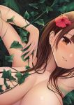  arms_up bangs breasts brown_eyes brown_hair cleavage curvy dust_particles flower fou_zi hair_flower hair_ornament head_tilt highres huge_breasts ivy large_breasts long_hair lying on_back original parted_lips plant plump red_flower revision sidelocks smile topless 
