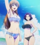  2girls :d arm arm_at_side arm_up armpits bangs bare_arms bare_legs bare_shoulders bikini black_bikini black_swimsuit breasts brown_eyes brown_hair c: character_request cleavage clenched_hand closed_mouth cloud collarbone day female from_below grand_blue hair_between_eyes hamaoka_azusa hand_on_hip happy large_breasts legs long_hair looking_at_viewer midriff multiple_girls navel neck open_mouth outdoors parted_bangs purple_eyes purple_hair round_teeth screencap short_hair sidelocks sky smile standing strapless strapless_bikini strapless_swimsuit swimsuit teeth upper_teeth white_bikini white_swimsuit 