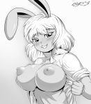 2018 anthro areola big_breasts blonde_hair blush breasts carrot_(one_piece) clothed clothing digital_media_(artwork) female fur godoffury hair lagomorph looking_at_viewer mammal minkmen_(one_piece) monochrome nipples nude one_piece rabbit simple_background smile solo teeth white_background 