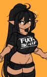  :o ? absurdres ahoge black_hair black_shirt black_shorts breasts brown_eyes clothes_writing commentary cowboy_shot crop_top crop_top_overhang dark_elf disconnected_mouth elf english english_commentary fuck-me_shirt groin hair_between_eyes highres long_hair lowleg lowleg_shorts medium_breasts meme_attire micro_shorts midriff mole mole_on_thigh mole_under_eye navel open_mouth orange_background original pointy_ears ponytail profanity shirt short_shorts shorts sketch solo standing t-shirt thick_thighs thighhighs thighs zana 