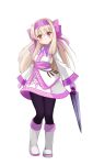  ainu_clothes bangs black_legwear blonde_hair boots bow d_z fate/grand_order fate_(series) gloves hair_bow hair_ribbon hairband highres holding holding_sword holding_weapon illyasviel_von_einzbern knee_boots long_hair long_sleeves looking_at_viewer pantyhose purple_bow purple_gloves purple_hairband red_eyes ribbon scarf simple_background sitonai smile solo sword weapon 