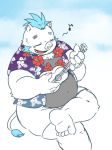  2018 anthro belly boar clothed clothing eyes_closed fully_clothed gouryou humanoid_hands male mammal mohawk musical_instrument musical_note nunutaro3 open_mouth open_smile overweight overweight_male porcine singing sitting smile solo tokyo_afterschool_summoners ukulele 