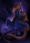  2018 anthro blue_feathers blue_fur brown_fur brown_hair digital_media_(artwork) dragon duo feathered_dragon feathered_wings feathers fur furred_dragon hair horn isvoc wings 