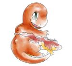  2016 3_fingers ambiguous_gender anthro artsy-theo biped black_eyes charmander claws digital_drawing_(artwork) digital_media_(artwork) fangs fire flaming_tail full-length_portrait long_tail looking_back nintendo open_mouth open_smile orange_skin orange_tail pink-tongue pok&eacute;mon pok&eacute;mon_(species) portrait rear_view reptile scalie signature simple_background smile solo spikes standing style_parody toe_claws toony video_games white_background white_claws 