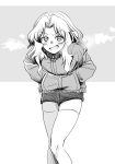  blush breath cold commentary eyebrows_visible_through_hair girls_und_panzer greyscale grin hair_intakes hands_in_pockets jacket kay_(girls_und_panzer) leaning_forward long_hair long_sleeves looking_at_viewer military military_uniform mituki_(mitukiiro) monochrome saunders_military_uniform short_shorts shorts smile solo standing thighhighs uniform v-shaped_eyebrows 