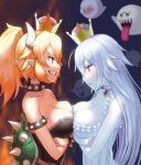  2girls bare_shoulders blonde_hair blue_eyes boo bowsette breast_press breasts cleavage commentary_request crossed_arms crown dress fang fang_out frills from_side ghost half-closed_eyes highres horns long_hair looking_at_another luigi's_mansion mario_(series) medium_breasts multiple_girls new_super_mario_bros._u_deluxe personification ponytail princess_king_boo red_eyes sharp_teeth sleeveless smile spiked_shell strapless super_crown symmetrical_docking teeth tongue upper_body white_hair white_skin 